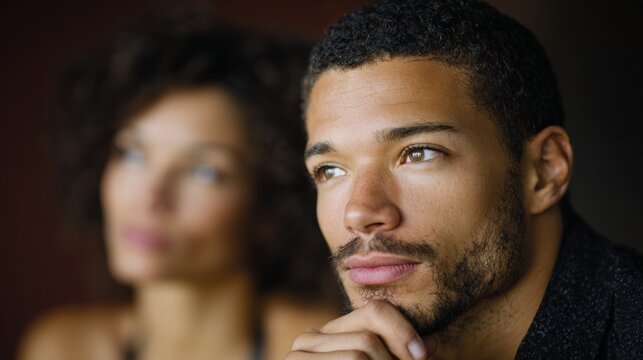 Thoughtful man looking pensively into the distance with a soft focus woman in the background