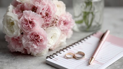 Romantic wedding concept with flower bouquet, rings, and pen on a notepad
