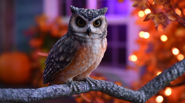 An owl perched on a branch with a colorful autumn background and glowing lights