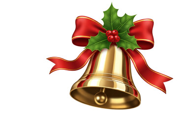 Golden Christmas bell with red ribbon bow and holly leaves, realistic shine and shadows, isolated on transparent background.