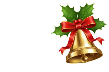 Golden Christmas bell with red ribbon bow and holly leaves, realistic shine and shadows, isolated on transparent background.