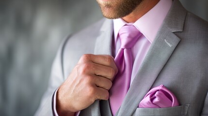 Close-up of a man adjusting his pink tie while wearing a sleek gray suit and shirt, exuding elegance and style