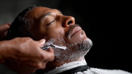 Barber trimming a relaxed man's facial hair with a clipper in a professional grooming session