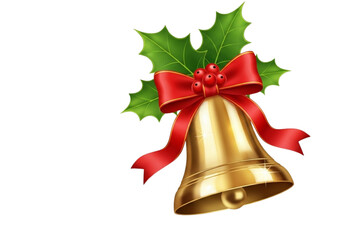  Golden Christmas bell with red ribbon bow and holly leaves, realistic shine and shadows, isolated on transparent background.