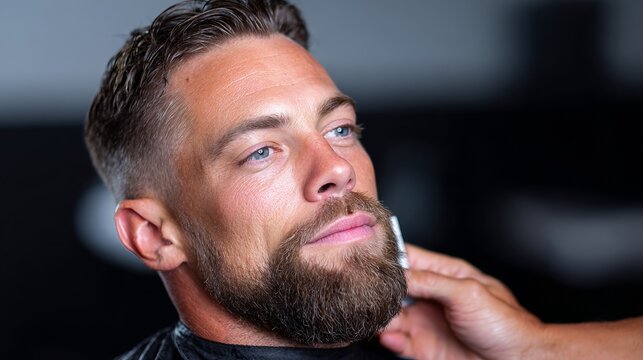 Man receiving beard trim at barbershop with focus on grooming techniques and style