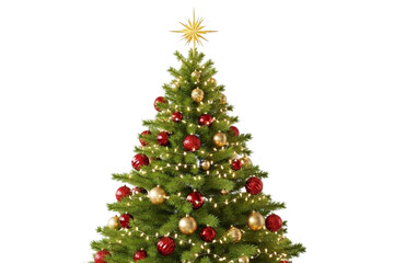 Realistic decorated Christmas tree with red and gold ornaments, fairy lights, and a shiny star on top, isolated on transparent background, high resolution PNG.