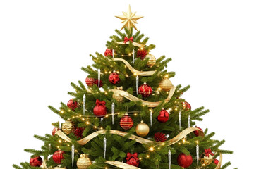 Realistic decorated Christmas tree with red and gold ornaments, fairy lights, and a shiny star on top, isolated on transparent background, high resolution PNG.