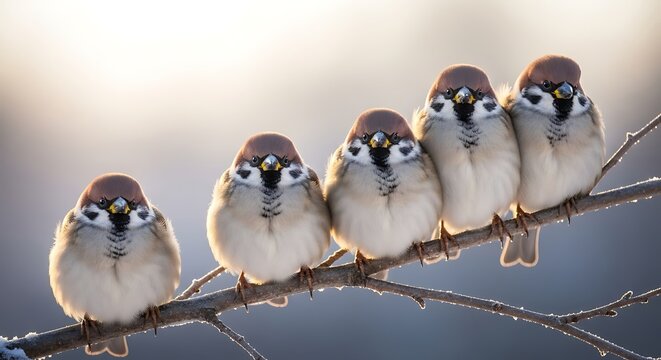 Five Fluffy Sparrows Perched in a Row on a Snowy Branch birds