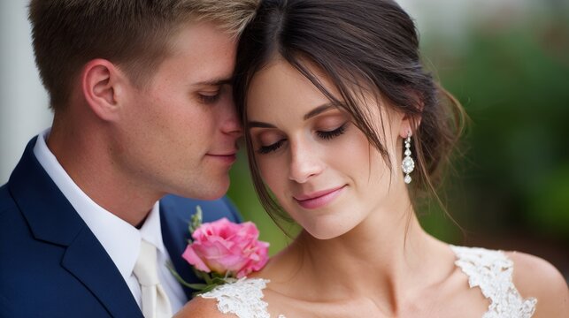 Romantic moment of a couple on their wedding day embracing with joyful expressions and a beautiful floral backdrop