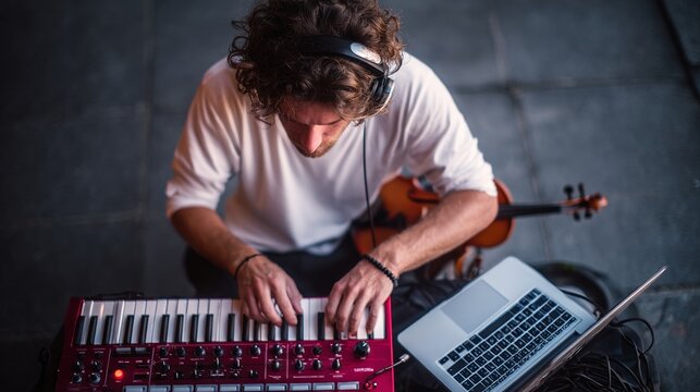 Musician composing electronic music with a keyboard and laptop while wearing headphones