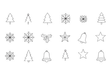 Set of minimalist Christmas icons &mdash; trees, snowflakes, stars, bells &mdash; flat vector style, isolated on transparent background.