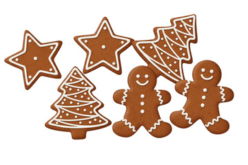 Set of gingerbread cookies in star, tree, and man shapes with icing decoration, cute and cozy style, isolated on transparent background.
