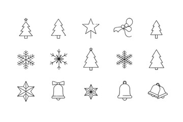  Set of minimalist Christmas icons &mdash; trees, snowflakes, stars, bells &mdash; flat vector style, isolated on transparent background. 