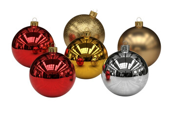Set of red, gold, and silver Christmas ornament balls with reflections, realistic shadows, isolated on transparent background.