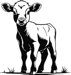Cute calf outline drawing, soft rounded black strokes, white background, simple baby animal pose, family farm style minimal vector