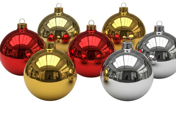 Set of red, gold, and silver Christmas ornament balls with reflections, realistic shadows, isolated on transparent background. 