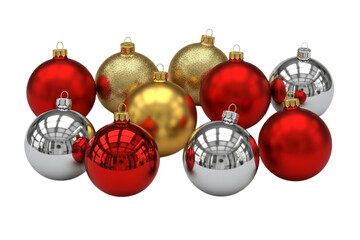 Set of red, gold, and silver Christmas ornament balls with reflections, realistic shadows, isolated on transparent background. 