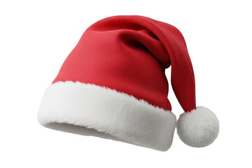  Soft red Santa hat with fluffy white trim, slightly bent shape, isolated on transparent background, high quality.