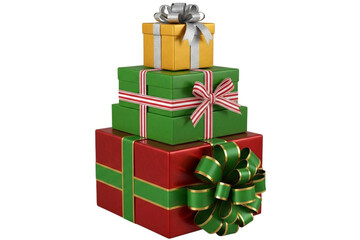 Stack of colorful Christmas gift boxes wrapped with ribbons and bows, festive and shiny texture, isolated on transparent background, 3D realistic style.