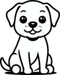 Cute sitting puppy outline, smooth black lines, white background, friendly pet character, minimal vector style, universal commercial use, simple facial expression
