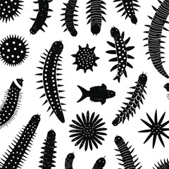 Different sea cucumber body textures icons, dotted and spiked line variations, white background, simple biology & seafood infographic vector pack 2