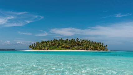 Fototapeta premium Tropical island with palm trees, turquoise ocean, and blue sky during daytime.