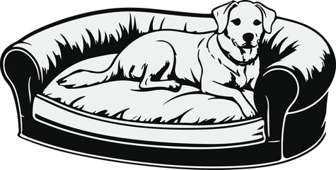 Dog bed and cushion outline illustration, soft rounded shapes, white background, thin and thick stroke mix, cozy pet furniture vector 3