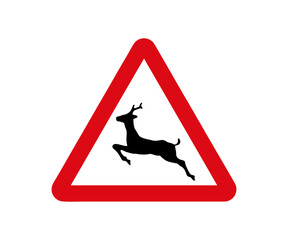 Triangular road sign with a black silhouette of deer  illustration on transparent background. 