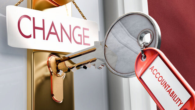 Accountability leads to Change - it's a key to unlock change. A door key metaphor showing how accountability is a key to access change. It's a necessary element to open change. ,3d illustration