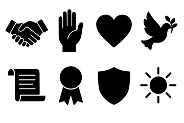 Collection of eight black silhouette icons representing concepts like handshake agreement open hand heart peace dove scroll award shield and sun on a white background