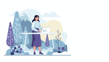 Remote work concept Woman using laptop with business data in a serene winter nature illustration