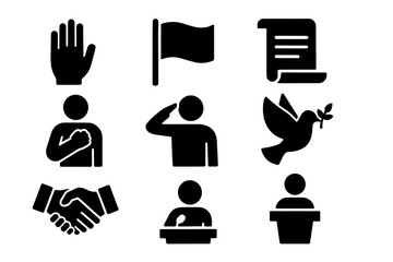 Collection of Nine Black Silhouette Icons Representing Civic Duty and Patriotism Including Handshake Saluting Flag and Dove with Olive Branch
