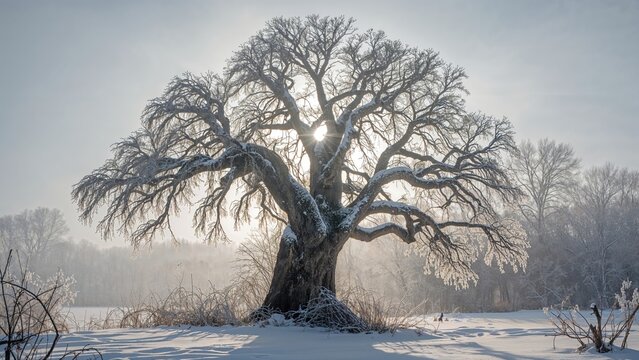 An old tree in winter with snow-covered ground and the sun shining through its branches.