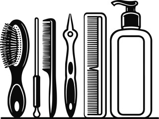 Dog grooming tools pack, brush, comb, nail clipper, shampoo bottle outline, clean black line set, white background, professional pet care icons