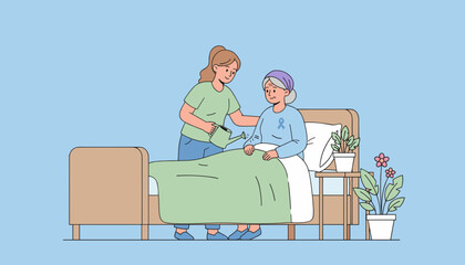 Caregiver tending to senior patient with purple ribbon symbolizing illness support and recovery