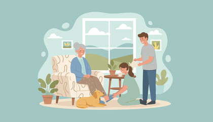 Caregivers assist an elderly woman at home with tea and slippers showing senior home care and compassion