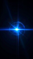 A bright blue lens flare with beams emanating from a central point on dark background