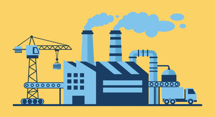 Industrial factory production process illustration with crane conveyor belts smokestacks and truck