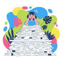 Stressed woman overwhelmed by huge paper workload and office bureaucracy Burnout concept