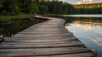 Fototapeta premium A wooden walkway over calm lake water with trees and a cloudy sky in the background.