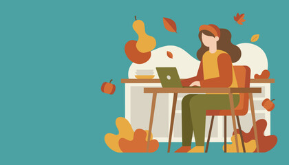 Autumn home office Woman works on laptop surrounded by seasonal harvest decoration