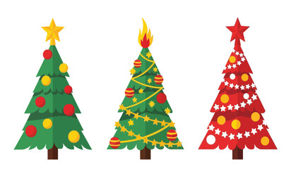 Set of three festive decorated christmas trees with stars and baubles in a flat vector illustration style