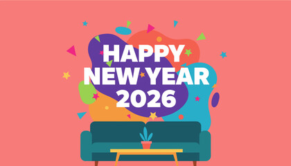 Happy New Year 2026 banner graphic with confetti vibrant colors and modern interior illustration