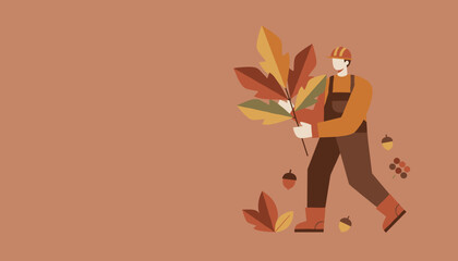 Man in overalls holding colorful autumn leaves Fall season illustration with copy space