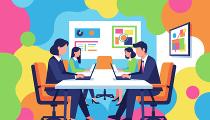 Vibrant office meeting with business team collaborating on laptops and analyzing charts