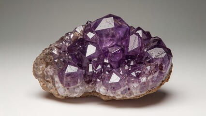 Amethyst mineral specimen with purple crystalline structure on a light background. Mineral and gemstone, natural crystal, mineralogy. The beauty of geodes and mineral formations.