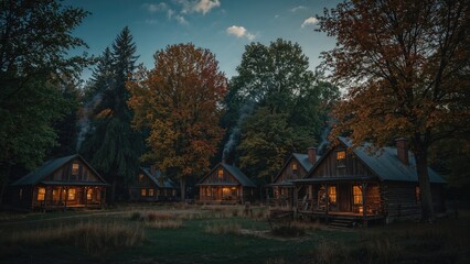 A nighttime scene with several cozy cabins surrounded by trees with autumn foliage.