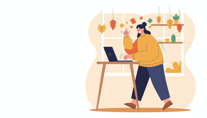 Creative woman gets a brilliant idea working on her laptop in a cozy autumn home office setting