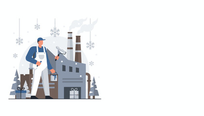Painter worker near an industrial factory during winter and the holiday season Vector illustration