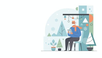 Senior man relaxing with a digital tablet amidst festive winter decorations and snow